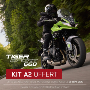 Bénéficiez d'un kit de bridage A2 offert pour tout achat d'une Triumph Tiger Sport 660 neuve commandée et livrée avant le 30 Septembre 2025 !