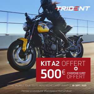 Bénéficiez d’un kit de bridage A2 offert, ainsi que de 500€ d’avantages clients, pour tout achat d’une Triumph Trident 660 neuve commandée et livrée avant le 30 Septembre 2025 !