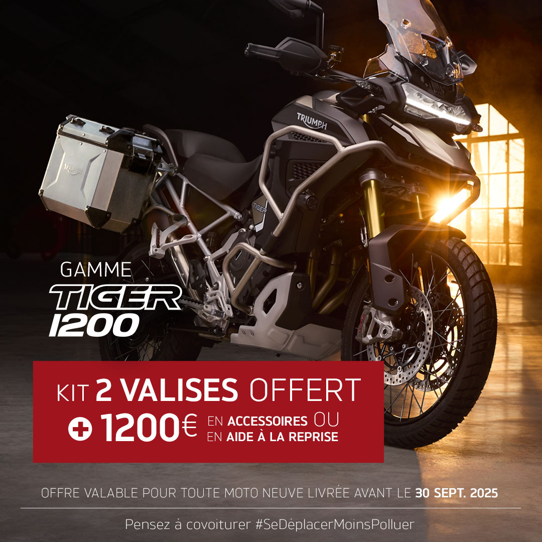 Bénéficiez de 2 valises offertes ainsi que 1200€ d'accessoires ou d'aide à la reprise sur tous les nouveaux modèles de Tiger 1200, commandés et livrés avant le 30 Septembre 2025 !