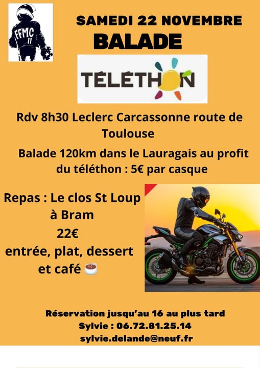 Balade Moto au profit du Téléthon au départ de Carcassonne