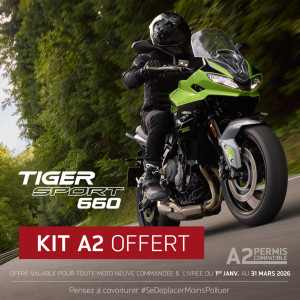 Bénéficiez d'un kit de bridage A2 offert pour tout achat d'une Triumph Tiger Sport 660 neuve commandée et livrée entre le 1er Janvier et le 31 Mars 2026.