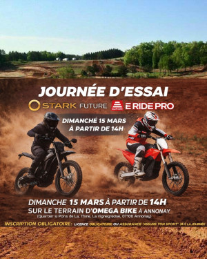 Dynamic moto organise sa journée d’essais moto électrique. Le dimanche 15 mars de 14h à 17h30 sur le magnifique domaine d'OMEGA BIKE à Annonay _