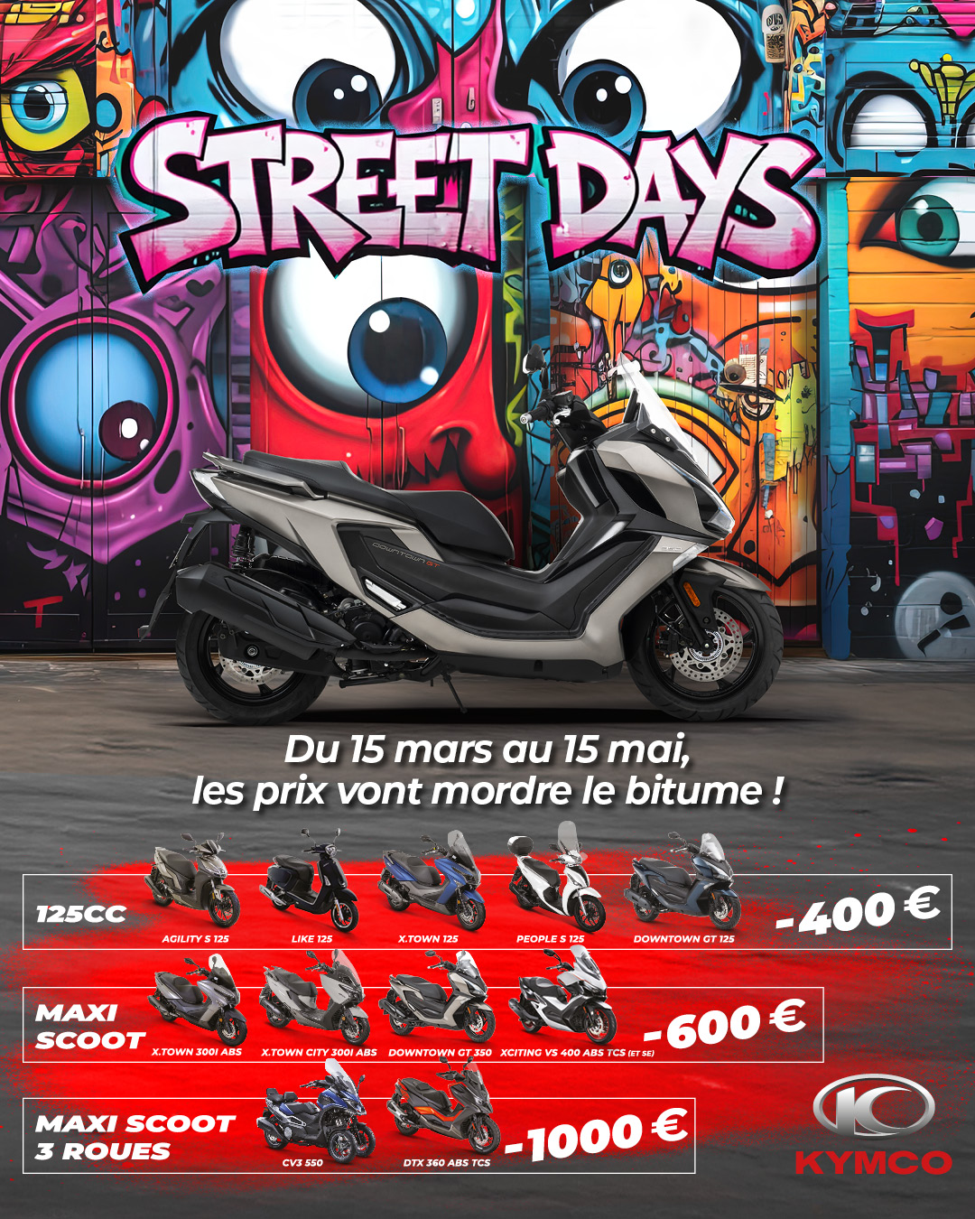 Jusqu’au 15 mai, Kymco frappe fort ! Profitez de remises allant de 400 € à 1 000 € sur une sélection de modèles : 125 cc, maxi-scooters, 3 roues…