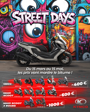 Jusqu’au 15 mai, Kymco frappe fort ! Profitez de remises allant de 400 € à 1 000 € sur une sélection de modèles : 125 cc, maxi-scooters, 3 roues…
