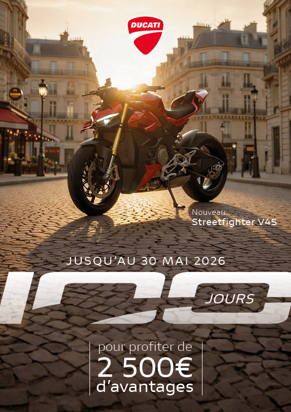 Le compte à rebours est lancé !  Pendant 100 jours, profitez de 2 500 € d’avantage sur le nouveau Streetfighter V4 et V4 S Ducati.  