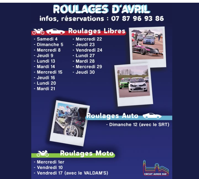 Circuit de l'Auxois - Calendrier de roulage d'Avril