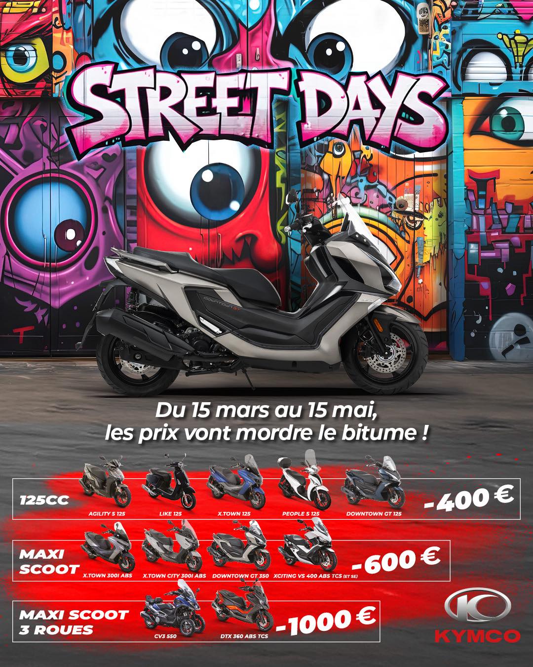  Jusqu’au 15 mai, KYMCO France frappe fort ! Profitez de remises allant de 400 € à 1 000 € sur une sélection de modèles : 125 cc, maxi-scooters, 3 roues…