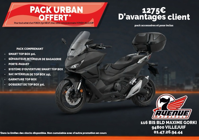 OFFRE EXCLUSIVE chez votre concessionnaire HONDA 7E AVENUE  , pack URBAN offert pour tout achat d’un Forza 750 neuf dans la limite des stocks disponibles. 