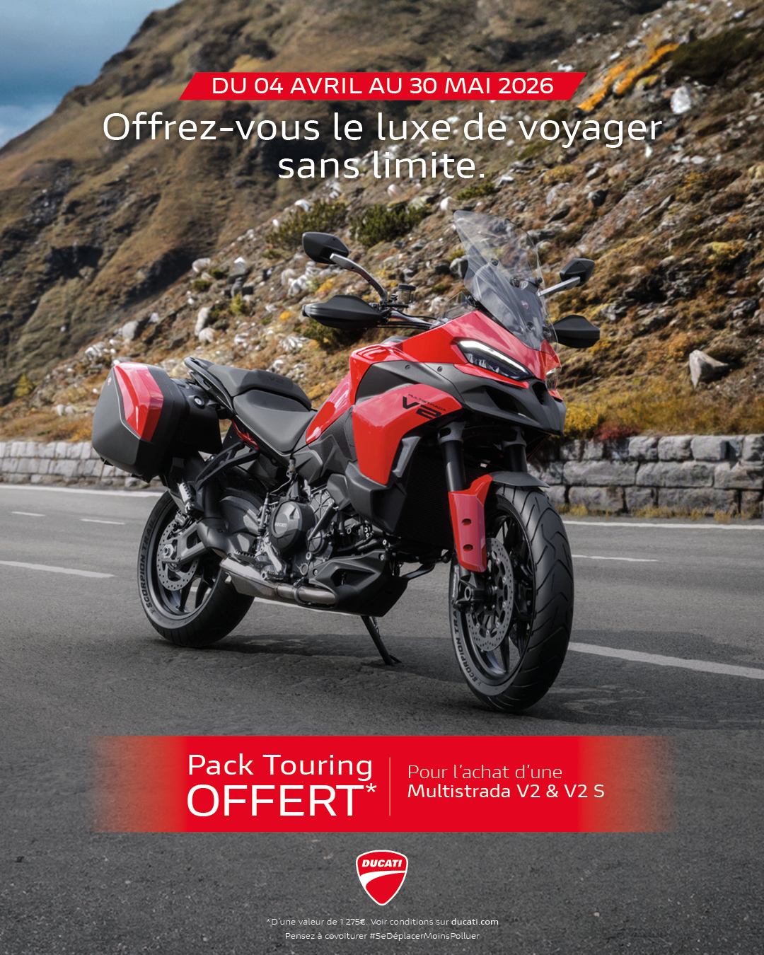 Pour tout achat d'une Multistrada V2 ou V2 S, repartez avec un Pack Touring offert.