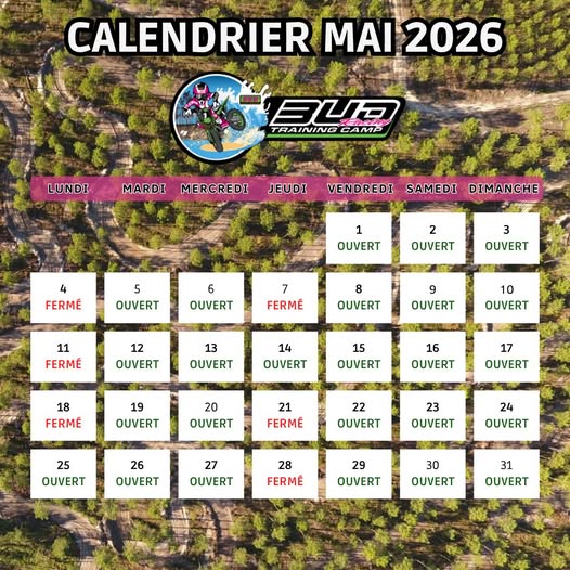 Calendrier des jours d'ouverture de mai au Bud Racing Training Camp