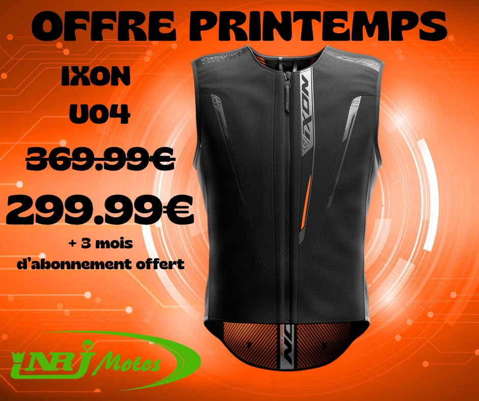 Chez NRJ Motos, on profite de l'OFFRE PRINTEMPS pour vous proposer le gilet airbag IXON U04 à un prix imbattable : prix Promo : 299.99€ (au lieu de ~~369.99€~~)