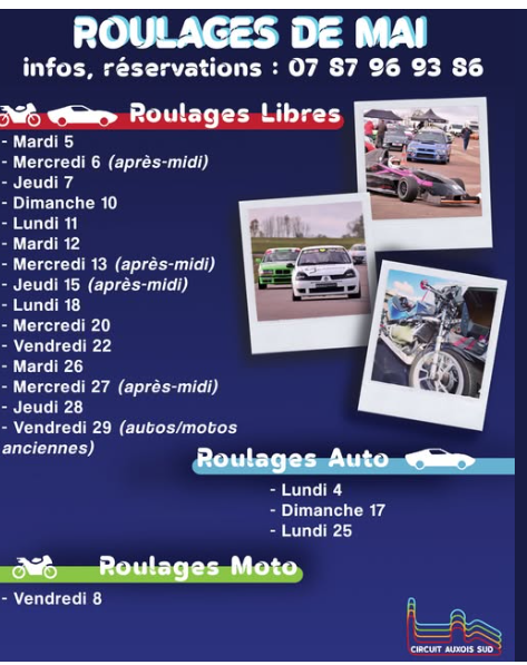 Circuit de l'Auxois - Calendrier de roulage du mois de MAI